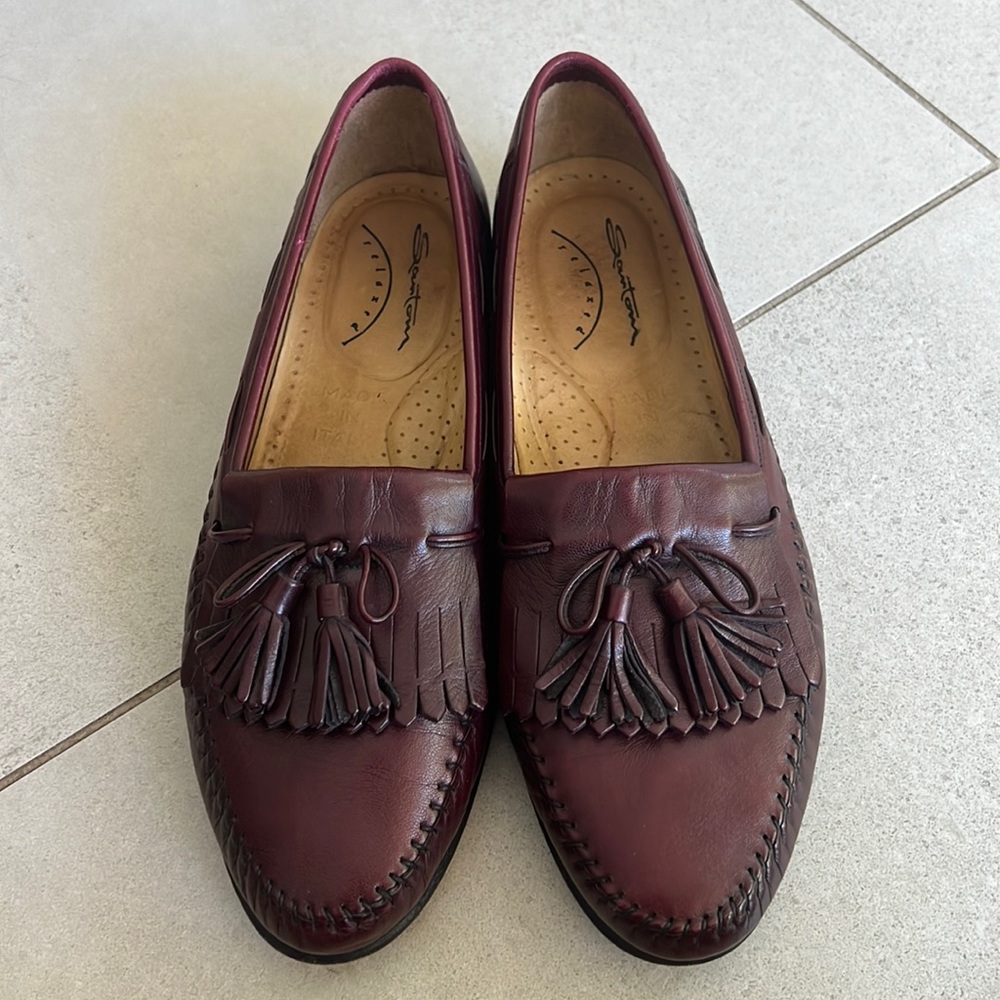 Santoni Loafer Kiltie Tassel Slip On Brown Burgundy